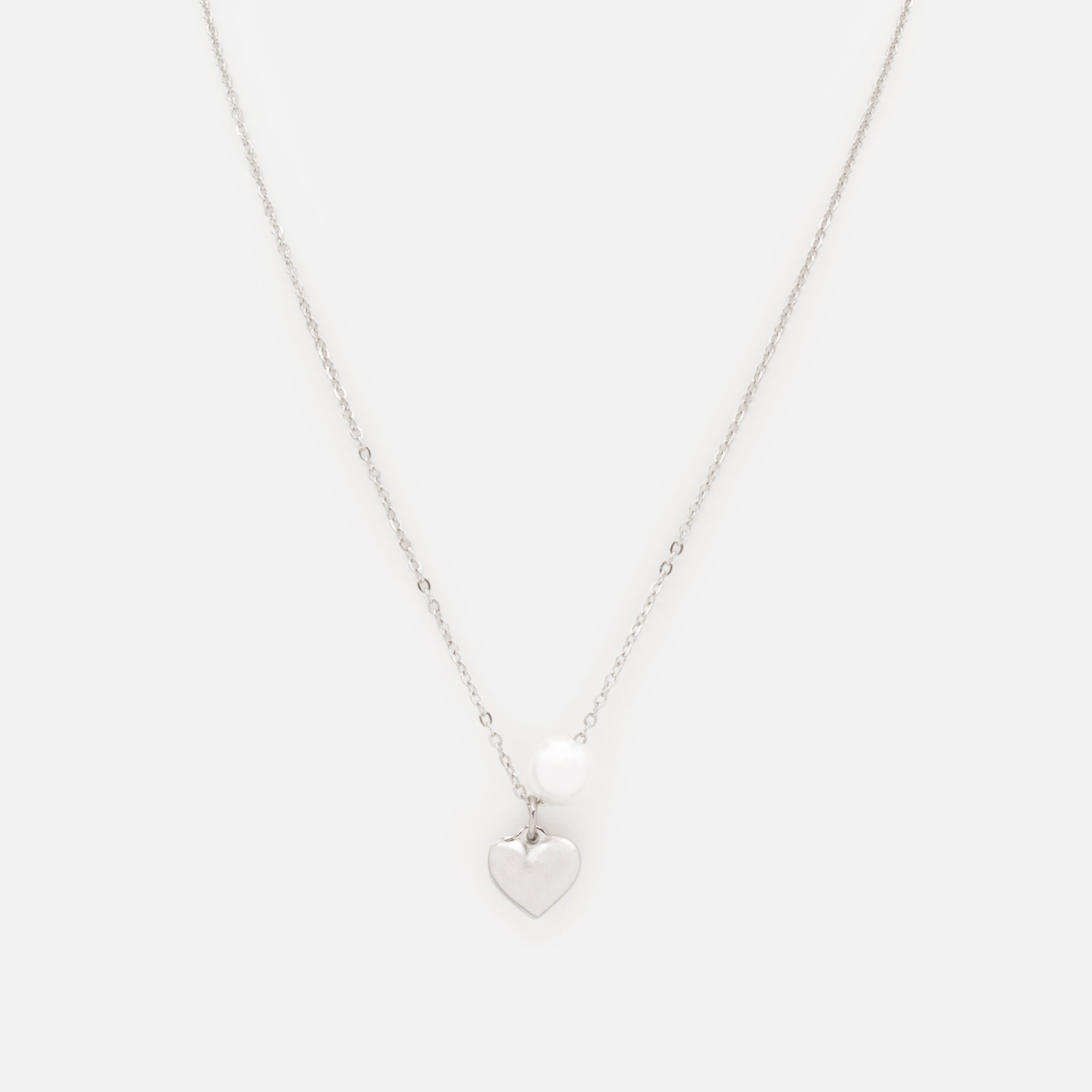 Collier argenté avec coeur et perle en acier inoxydable