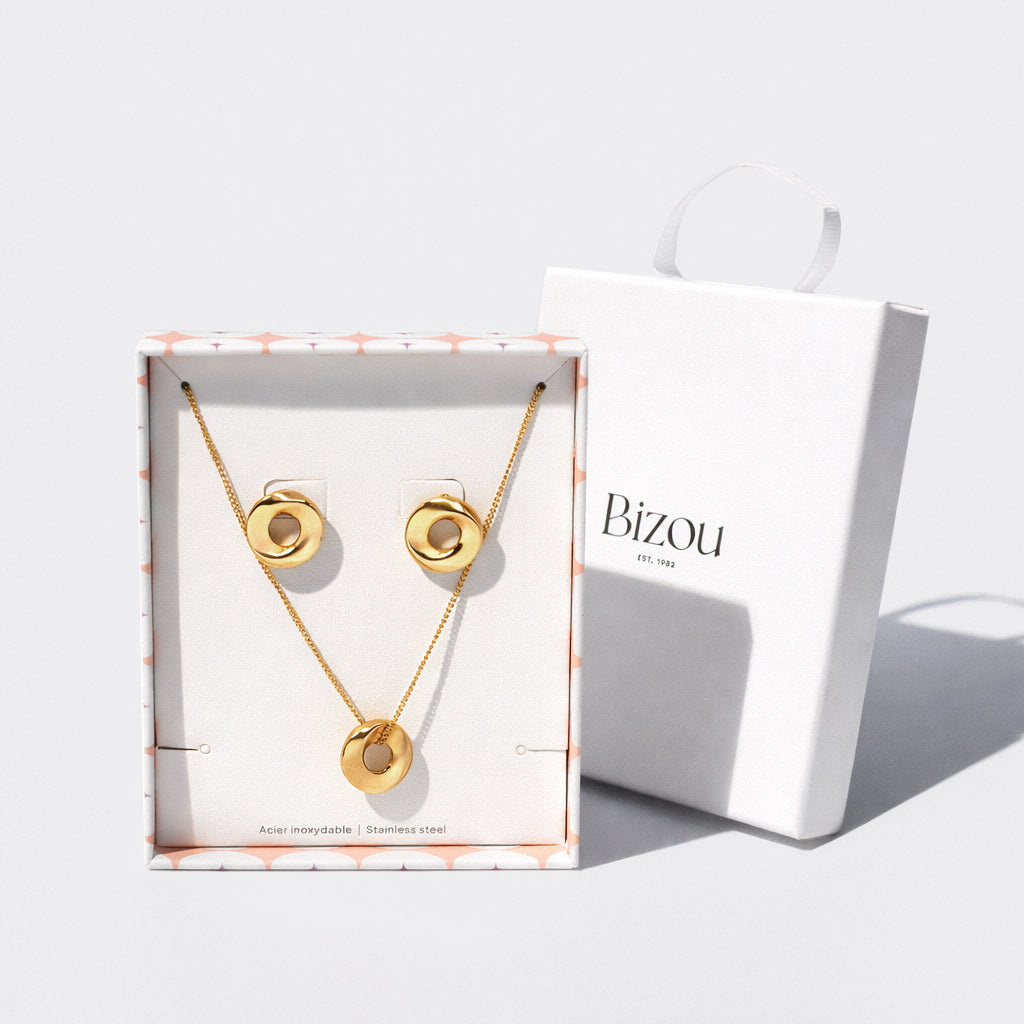 Collier & boucles d'oreilles dorés larges cercles imparfaits en acier inoxydable