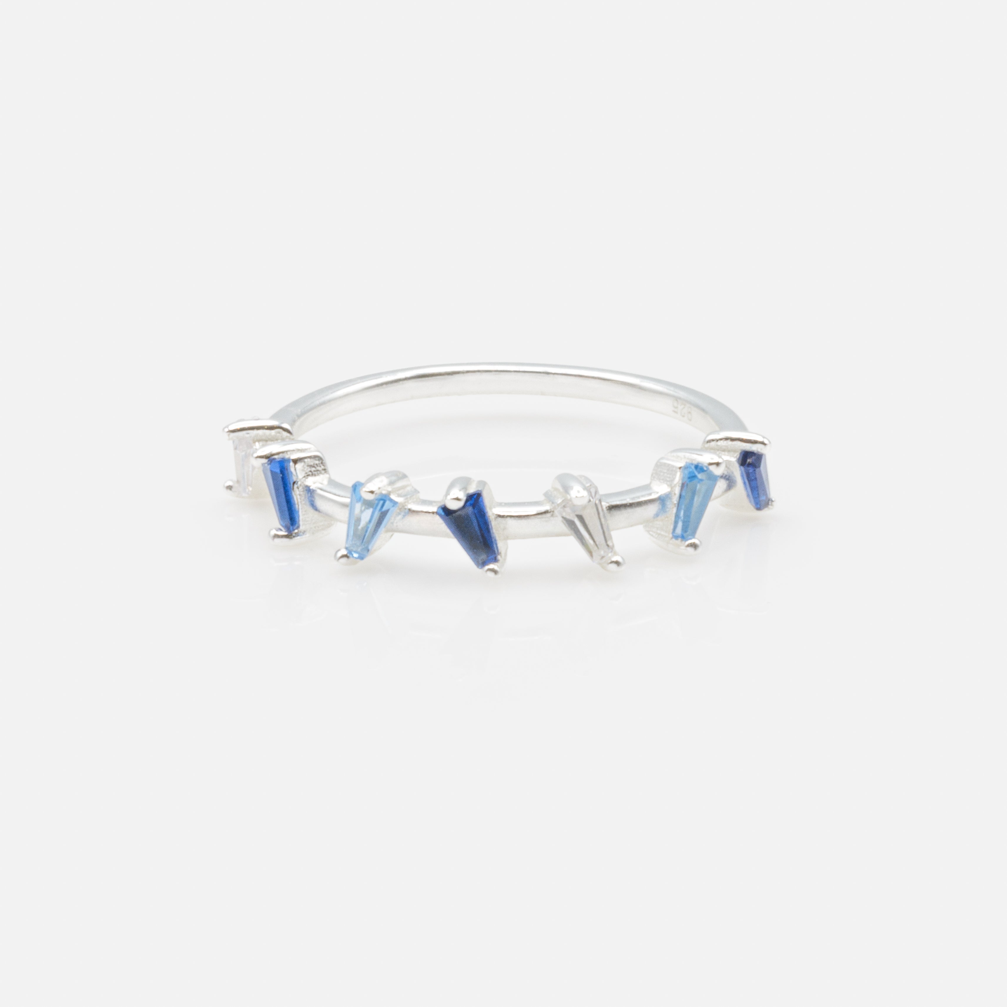 Delicate blue toned triangular stone ring in sterling silver
