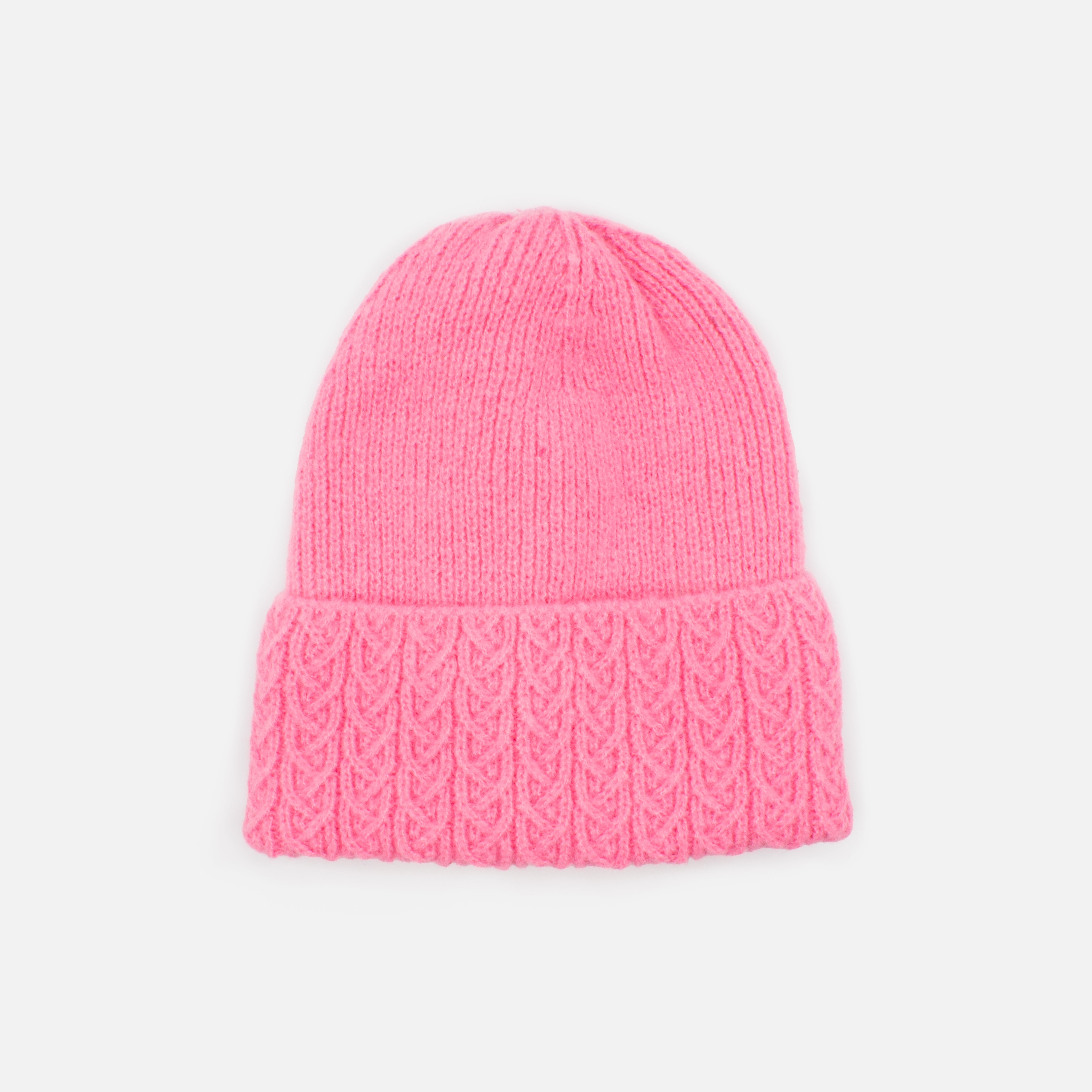 Pink knit beanie with braided flap