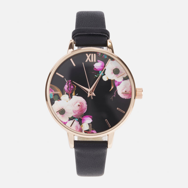 Black watch with round dial and floral background Bizou