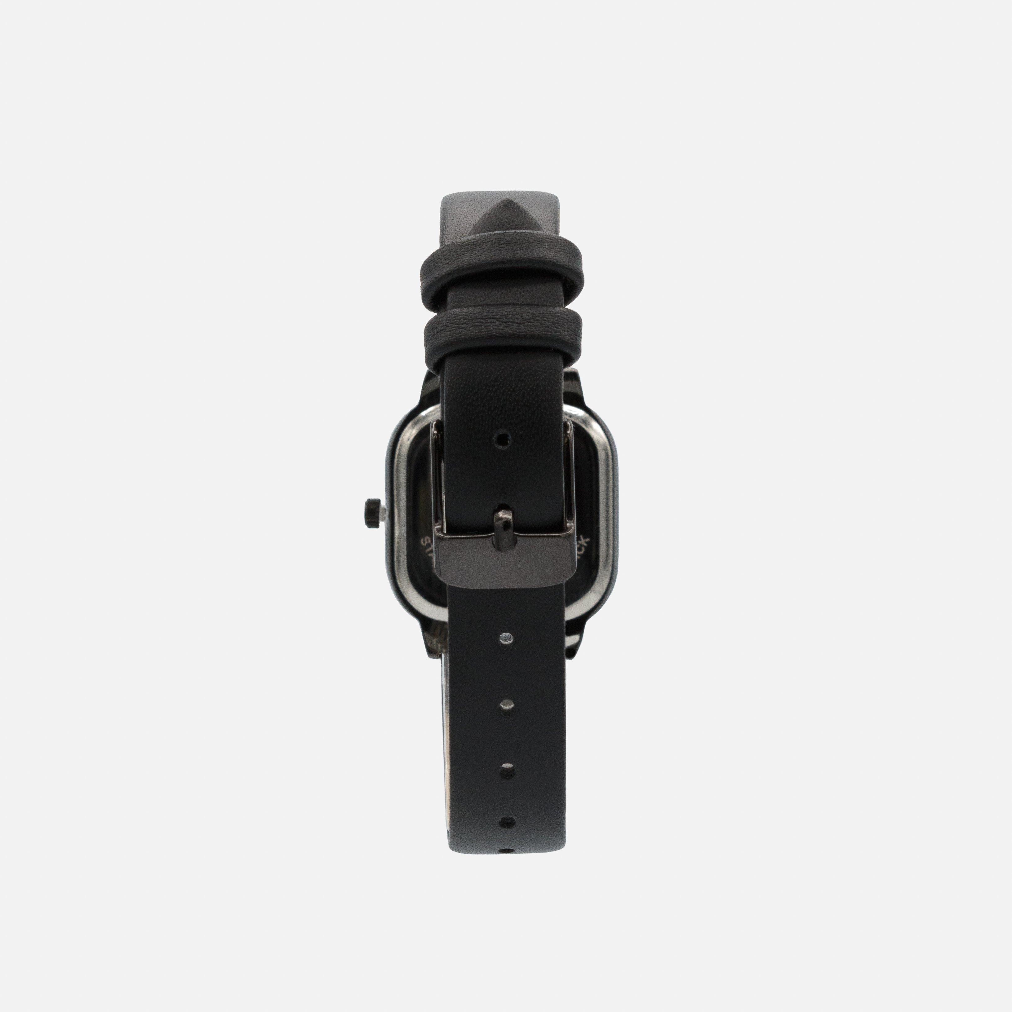 Black faux leather watch with square case