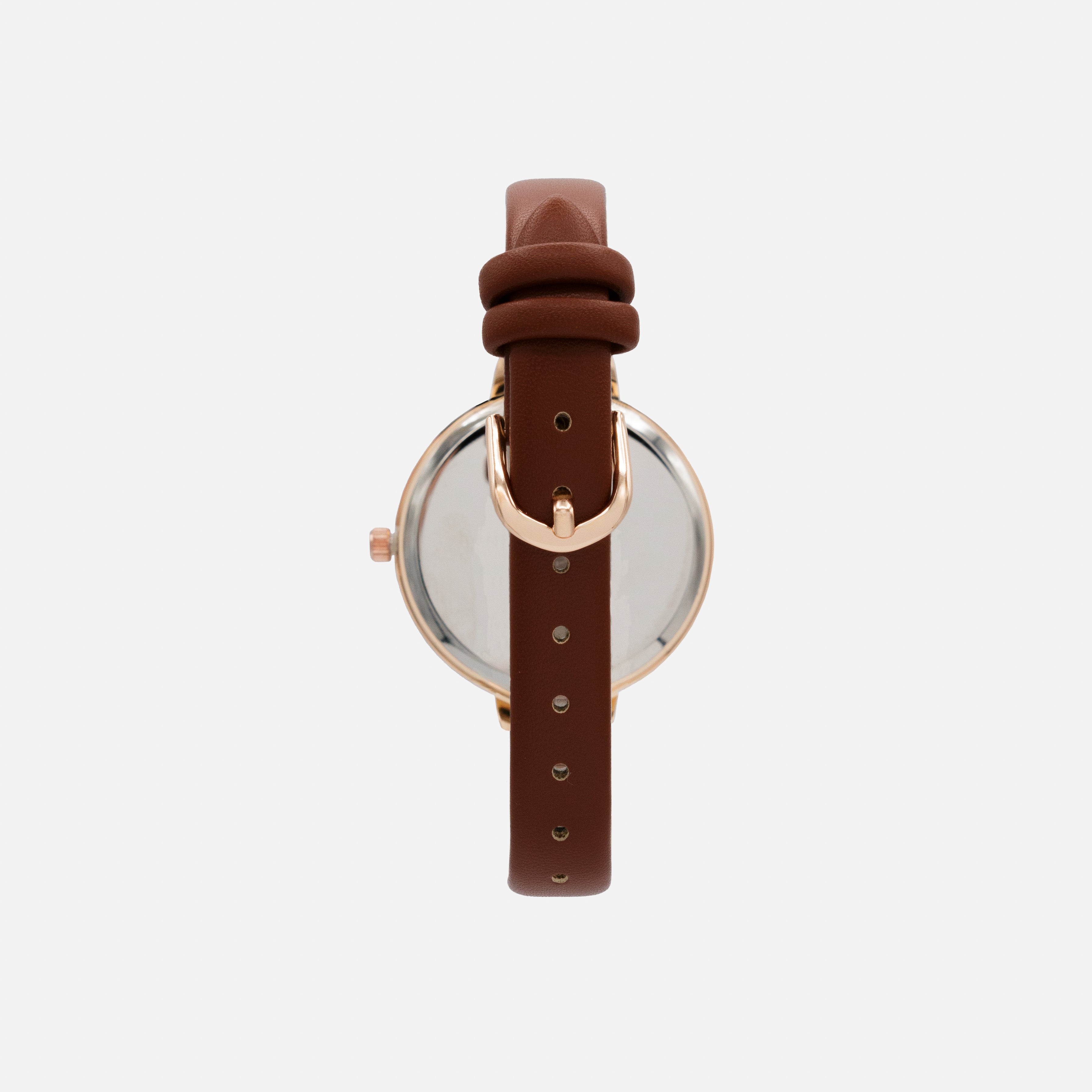 Brown faux leather watch with round rose gold case and white mother-of-pearl dial