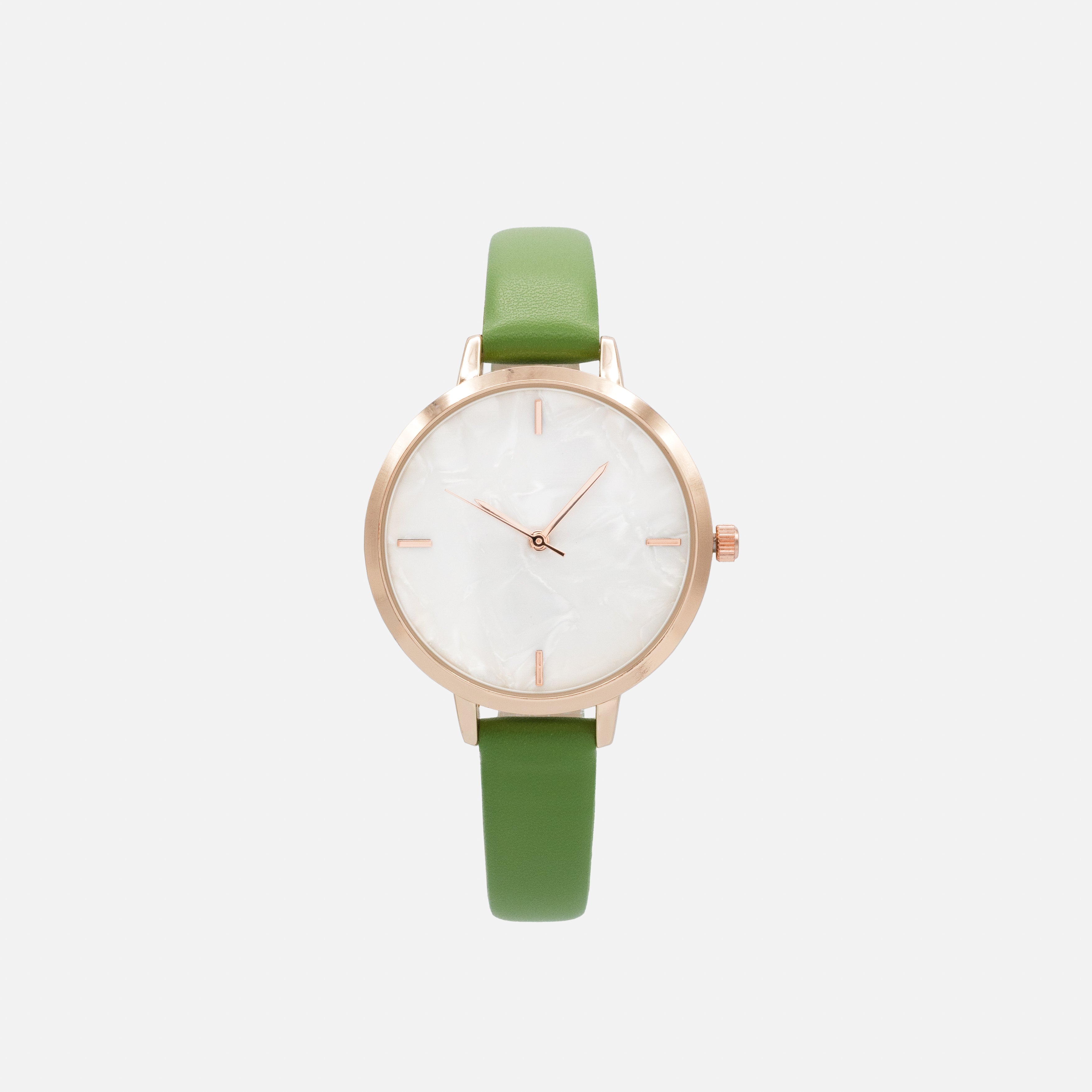 Green faux leather watch with round rose gold case and mother-of-pearl white dial