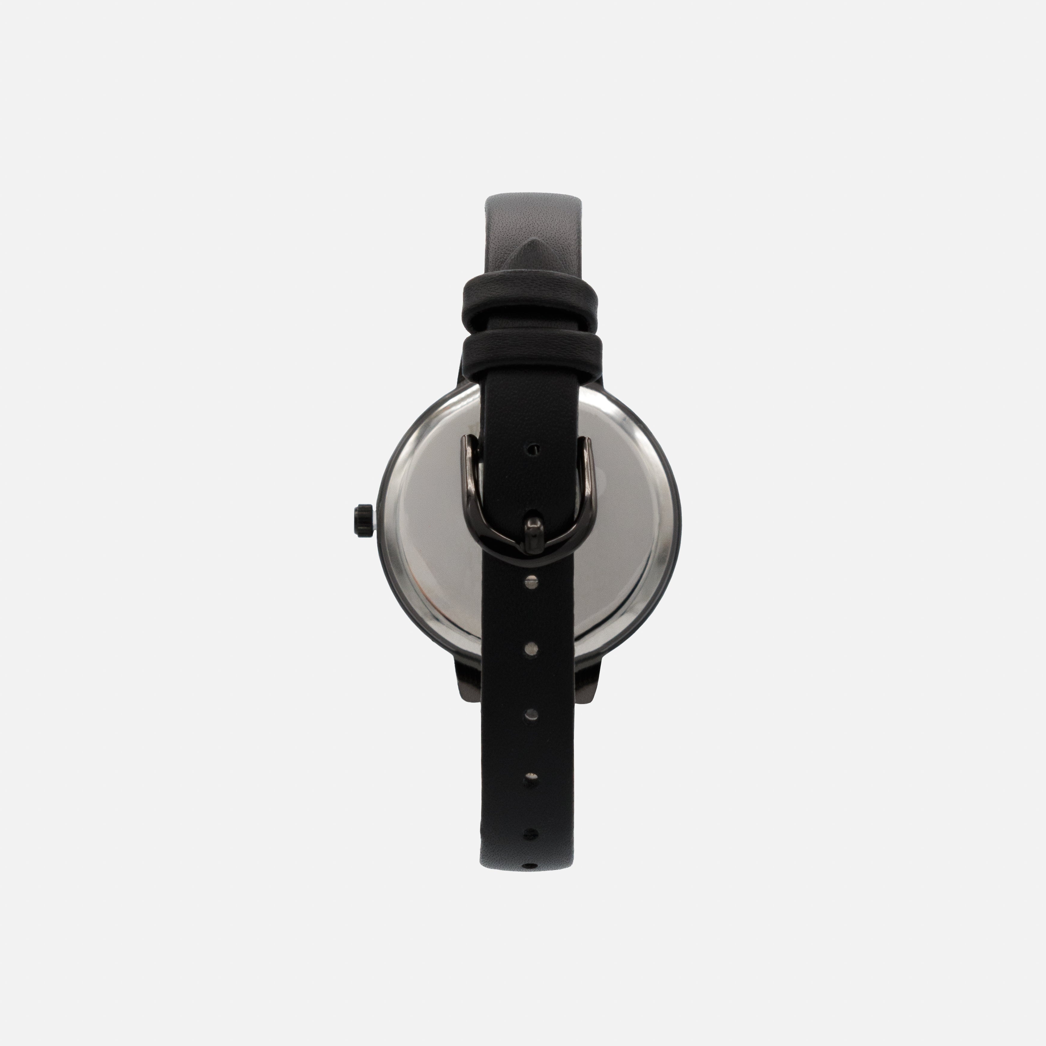 Montre noire en similicuir à boîtier rond et cadran scintillant