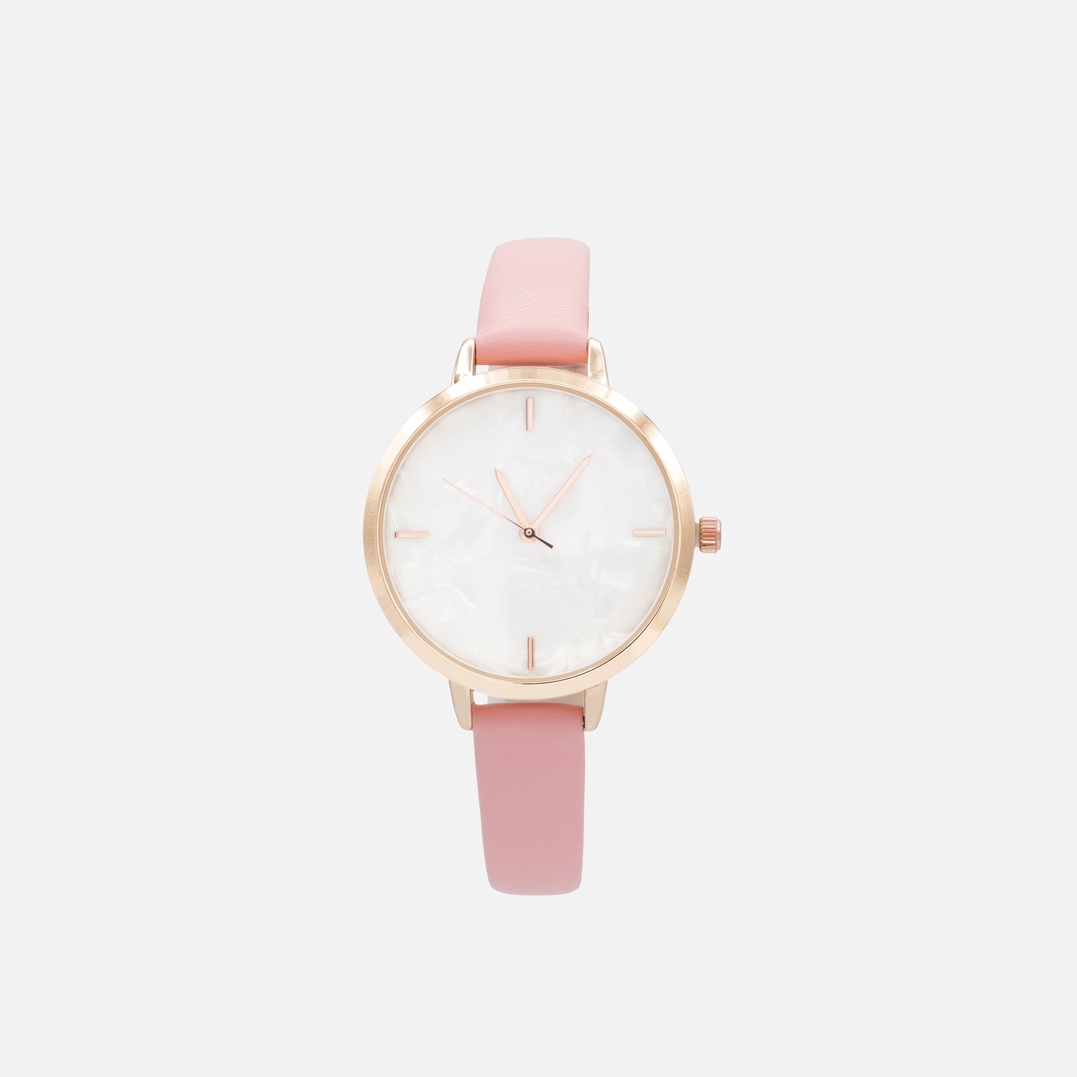 Montre rose pâle en similicuir à boîtier rond rose doré et cadran blanc nacré
