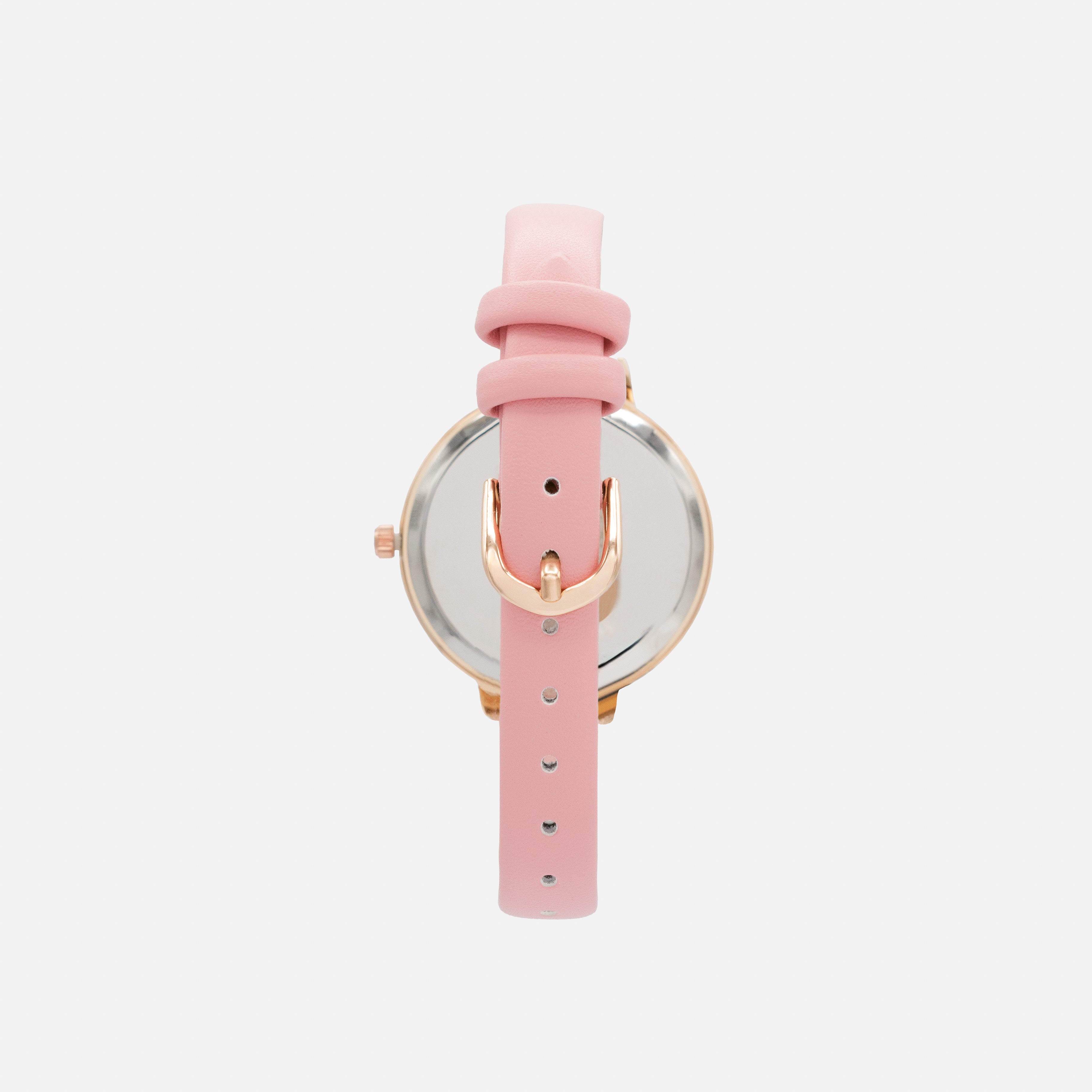 Montre rose pâle en similicuir à boîtier rond rose doré et cadran blanc nacré