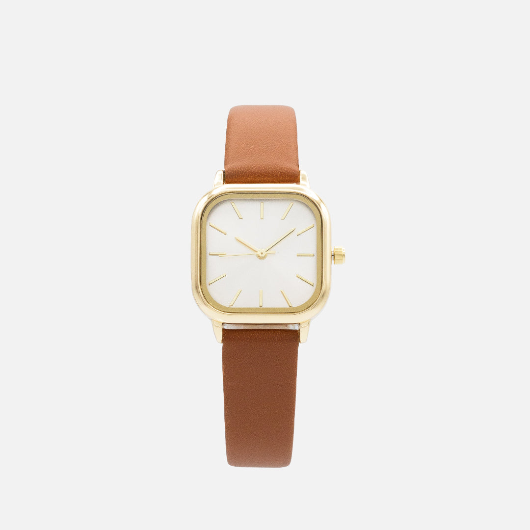 Montre caramel en similicuir à boîtier et cadran dorés