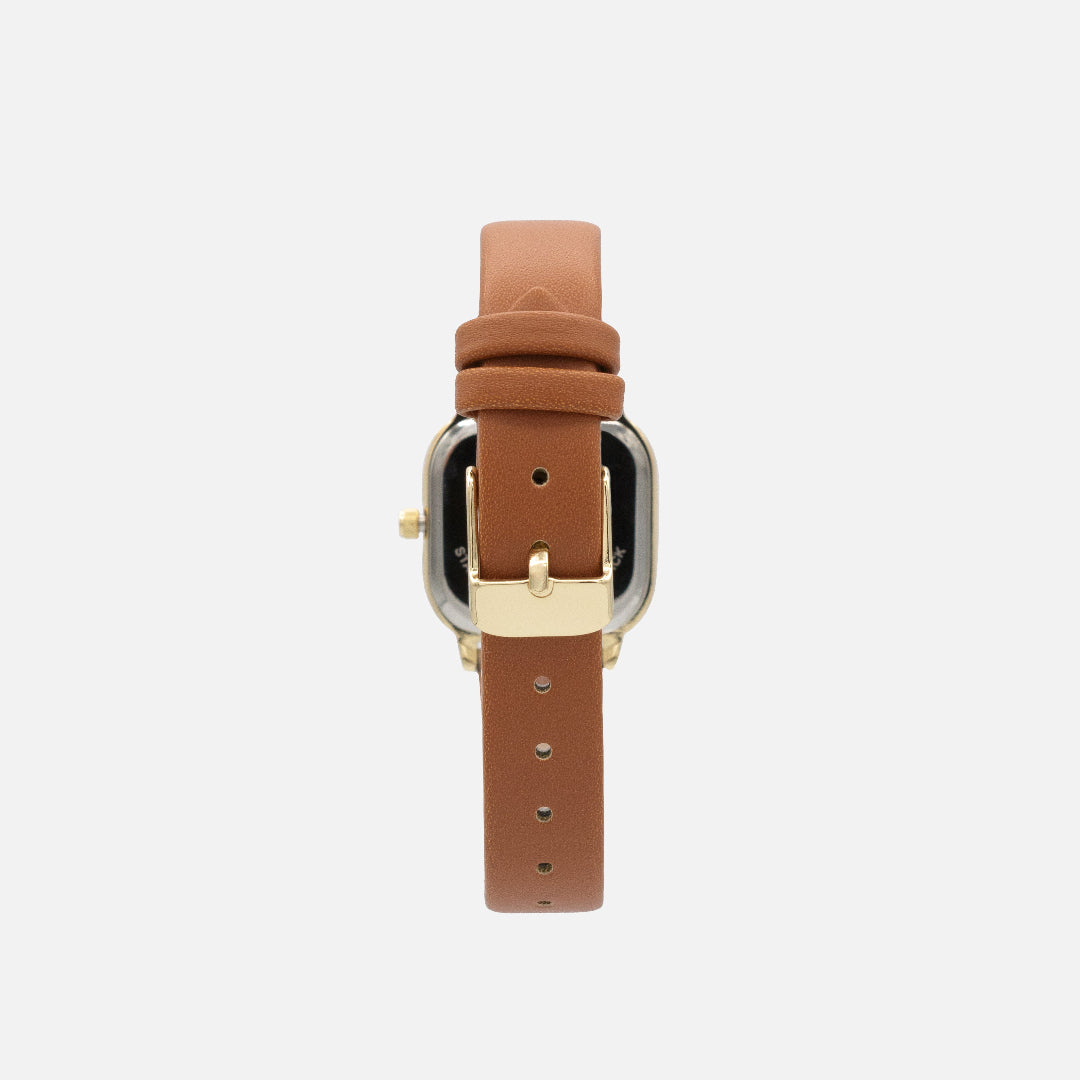 Montre caramel en similicuir à boîtier et cadran dorés
