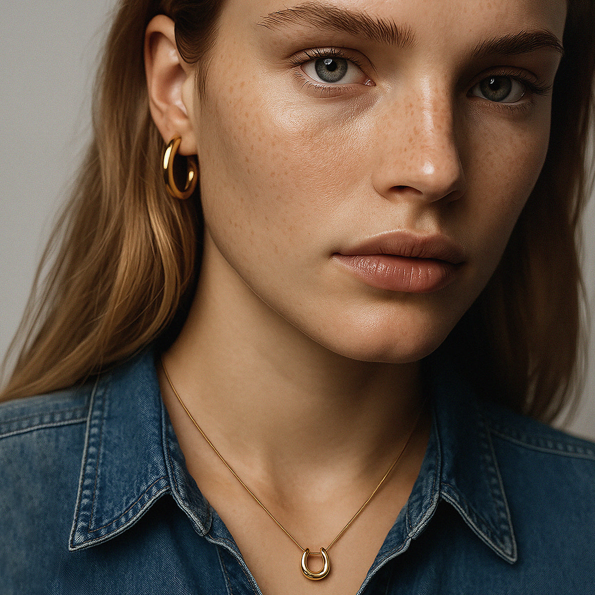 Bizou SF253N016GL – Woman wearing gold horseshoe pendant snake chain necklace in stainless steel, styled with gold hoop earrings, Bizou jewelry