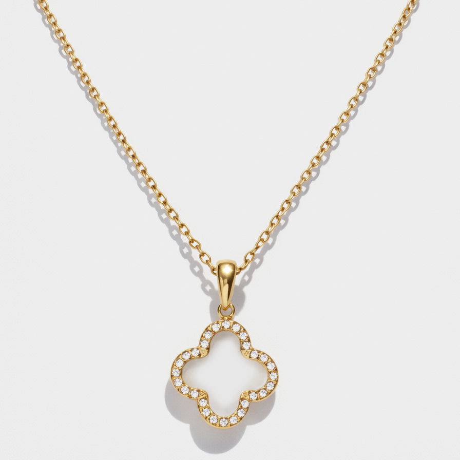 Bizou SF253N018GL – Gold open clover pendant necklace with pavé cubic zirconia in stainless steel, delicate chain, Bizou jewelry