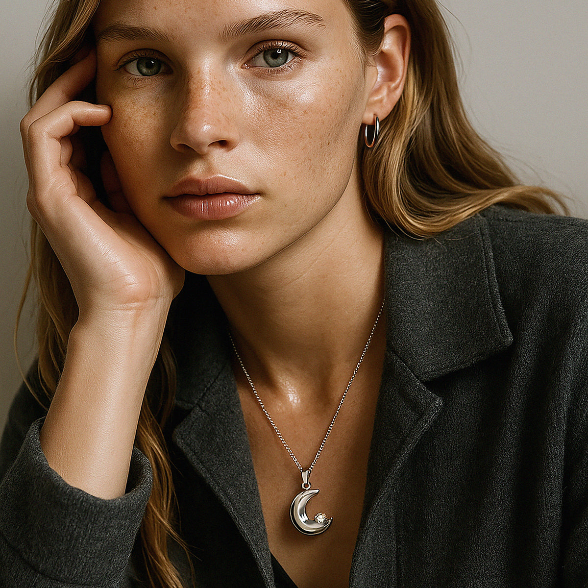 Bizou SF253N019SL – Woman wearing silver crescent moon cubic zirconia pendant necklace in stainless steel, styled with hoop earrings, Bizou jewelry