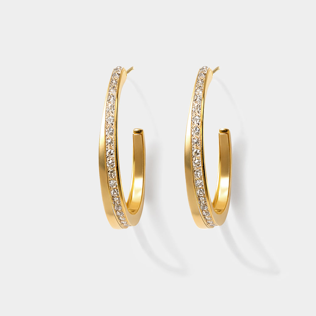 Bizou SS253E005GL – Gold double-band hoop earrings in stainless steel with cubic zirconia pavé row, front view