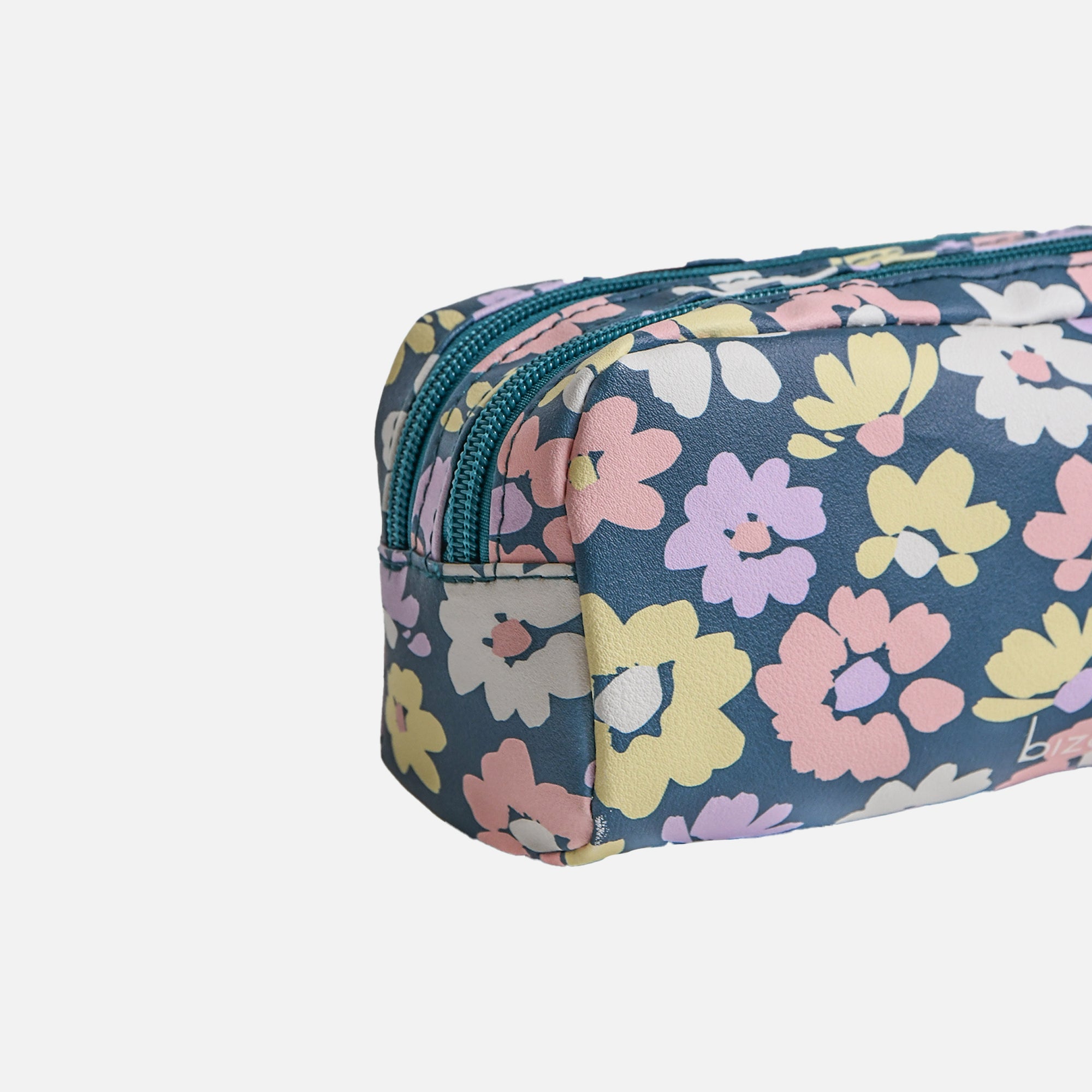 Blue double cosmetic bag with flower print