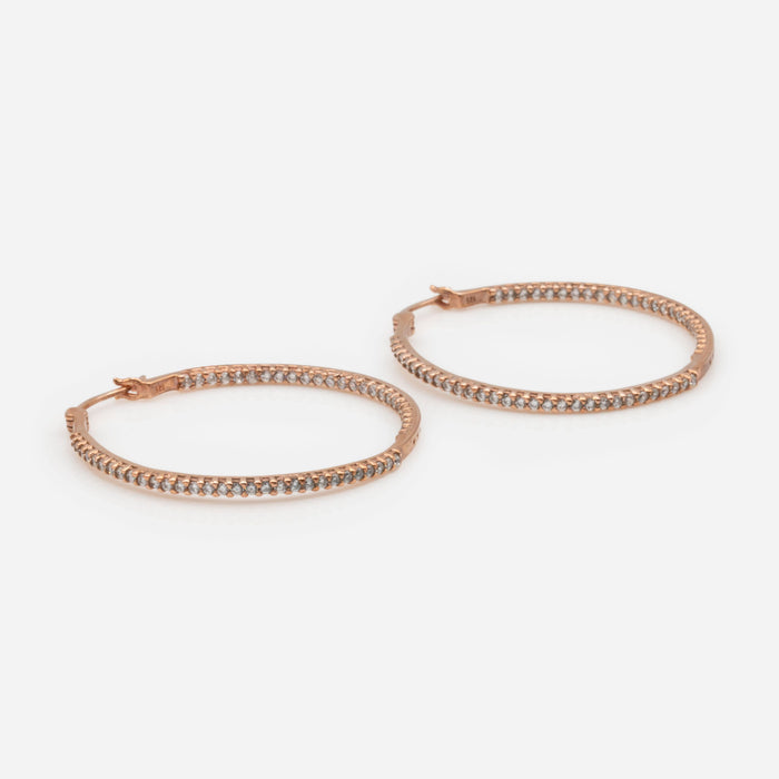 Rose gold hoop earrings with sterling silver stones