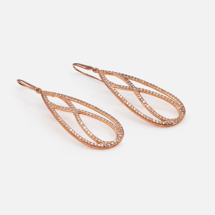 Longues boucles d'oreilles rose doré avec zircons cubiques en argent sterling