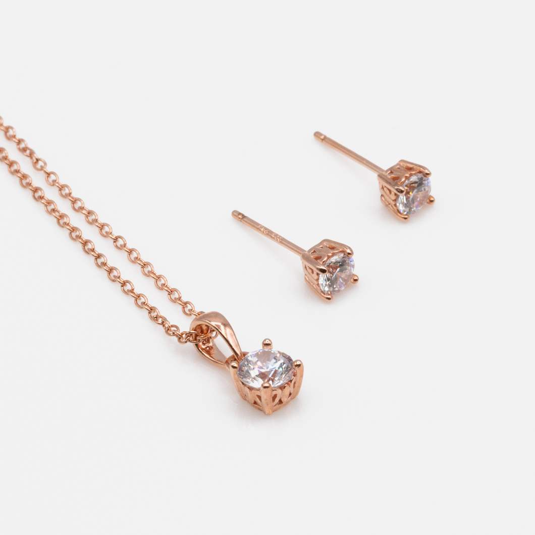 Rose gold necklace and earrings set in sterling silver