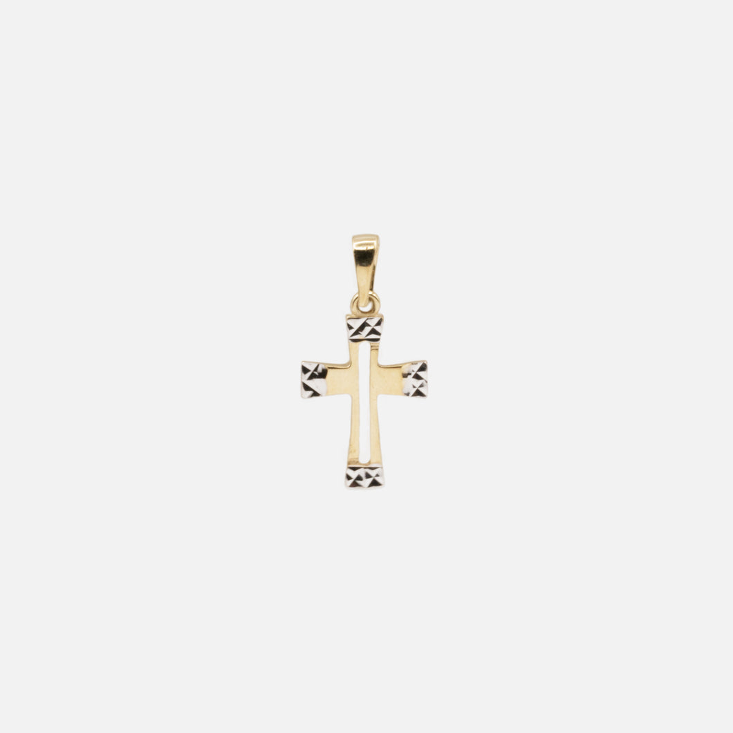 Two Tone Cross Charm with Textured Ends in 10k Gold