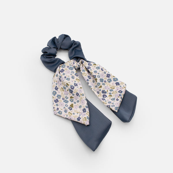 Load image into Gallery viewer, Navy blue scrunchie with floral bow
