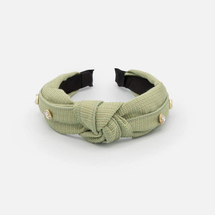 Green pleated bow headband with stones