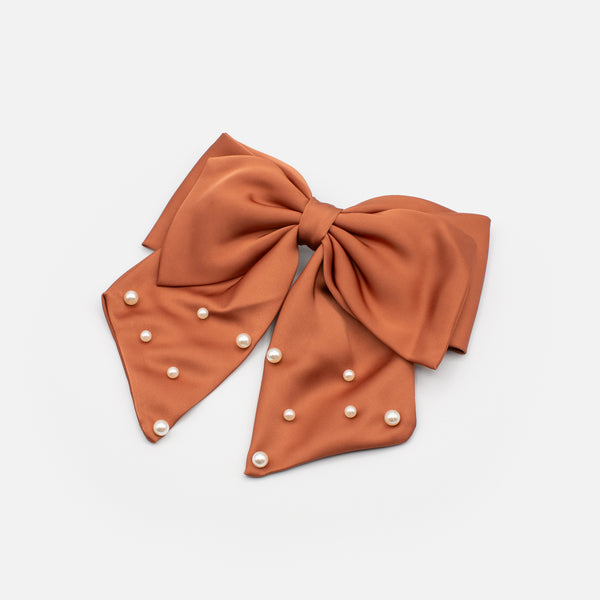 Load image into Gallery viewer, Caramel bow hair clip with pearls
