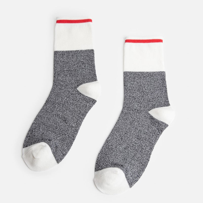 Regular dark grey and white socks with red stripe