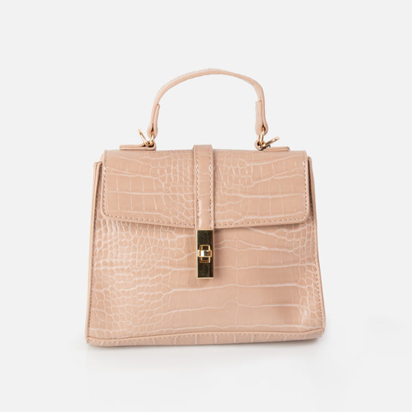 Load image into Gallery viewer, Taupe crocodile skin shoulder bag with gold lock
