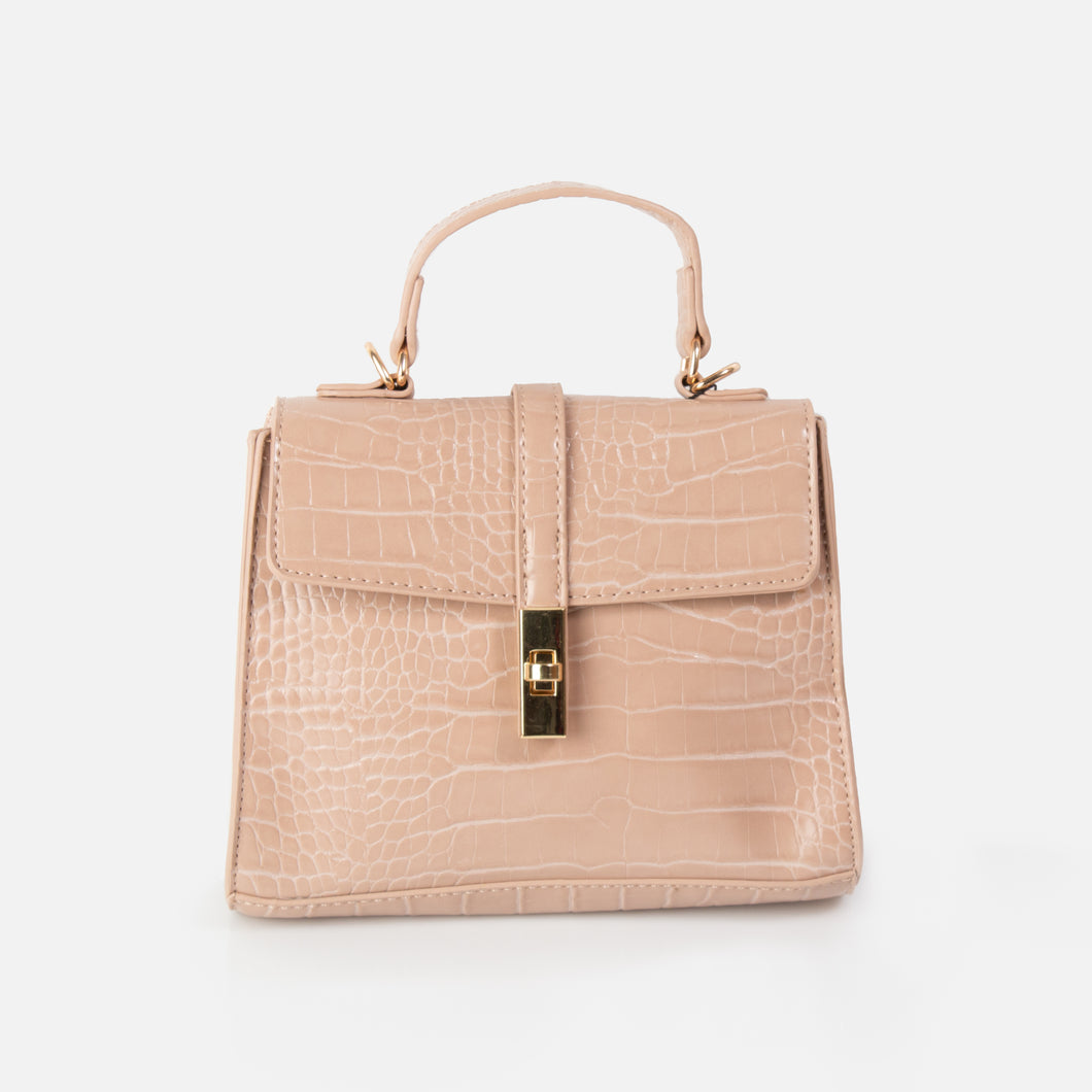 Taupe crocodile skin shoulder bag with gold lock