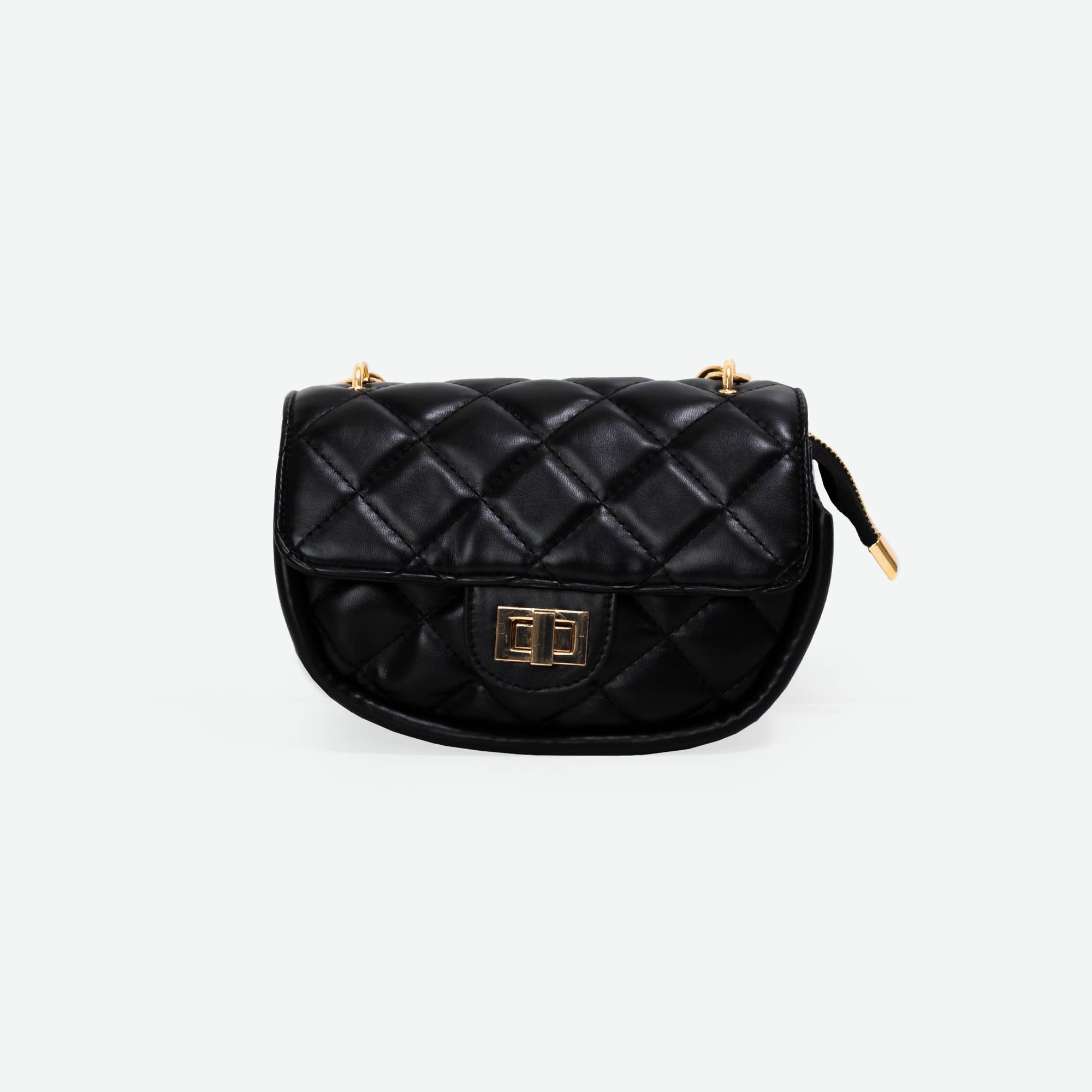 Black quilted crossbody bag with golden handle