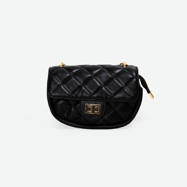 Load image into Gallery viewer, Black quilted crossbody bag with golden handle
