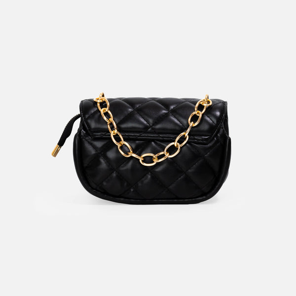 Load image into Gallery viewer, Black quilted crossbody bag with golden handle
