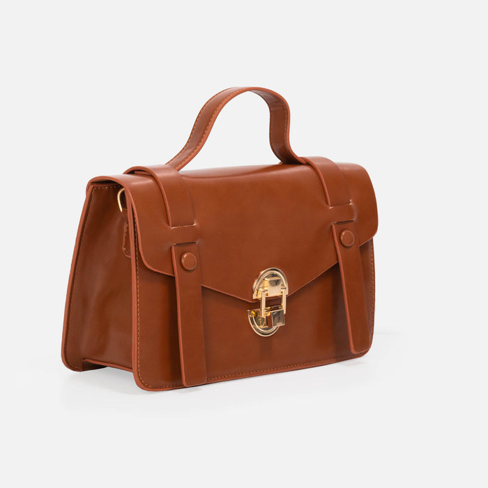Sac à main brun avec poignée et fermoir doré