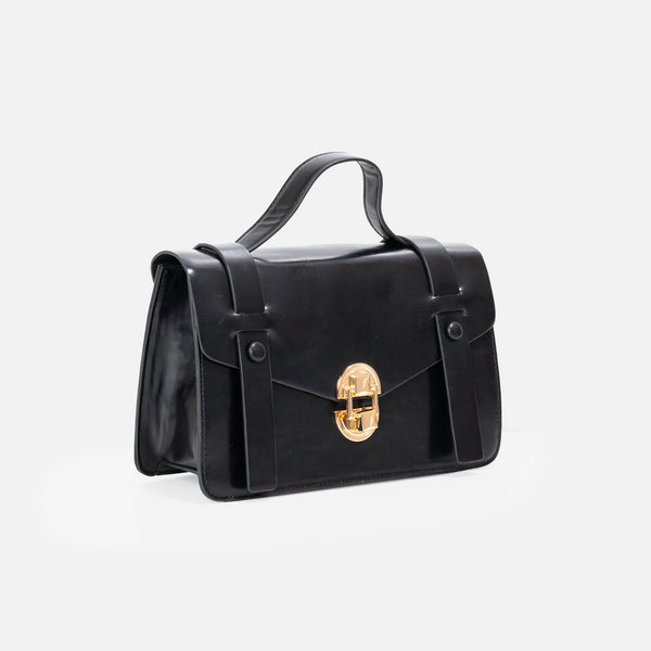 Load image into Gallery viewer, Black handbag with handle and golden clasp
