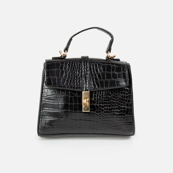 Load image into Gallery viewer, Black crocodile skin shoulder bag with gold lock
