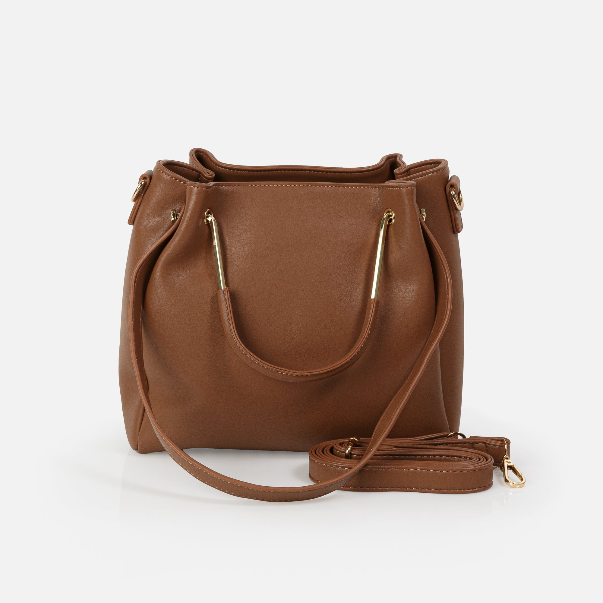 Brown handbag with rigid and soft handles with removable strap