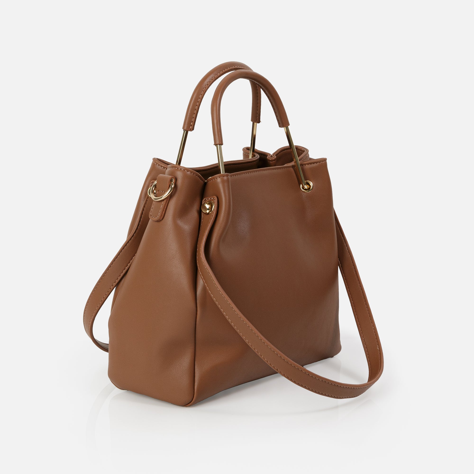 Brown handbag with rigid and soft handles with removable strap