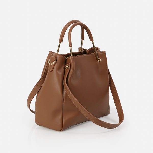 Load image into Gallery viewer, Brown handbag with rigid and soft handles with removable strap
