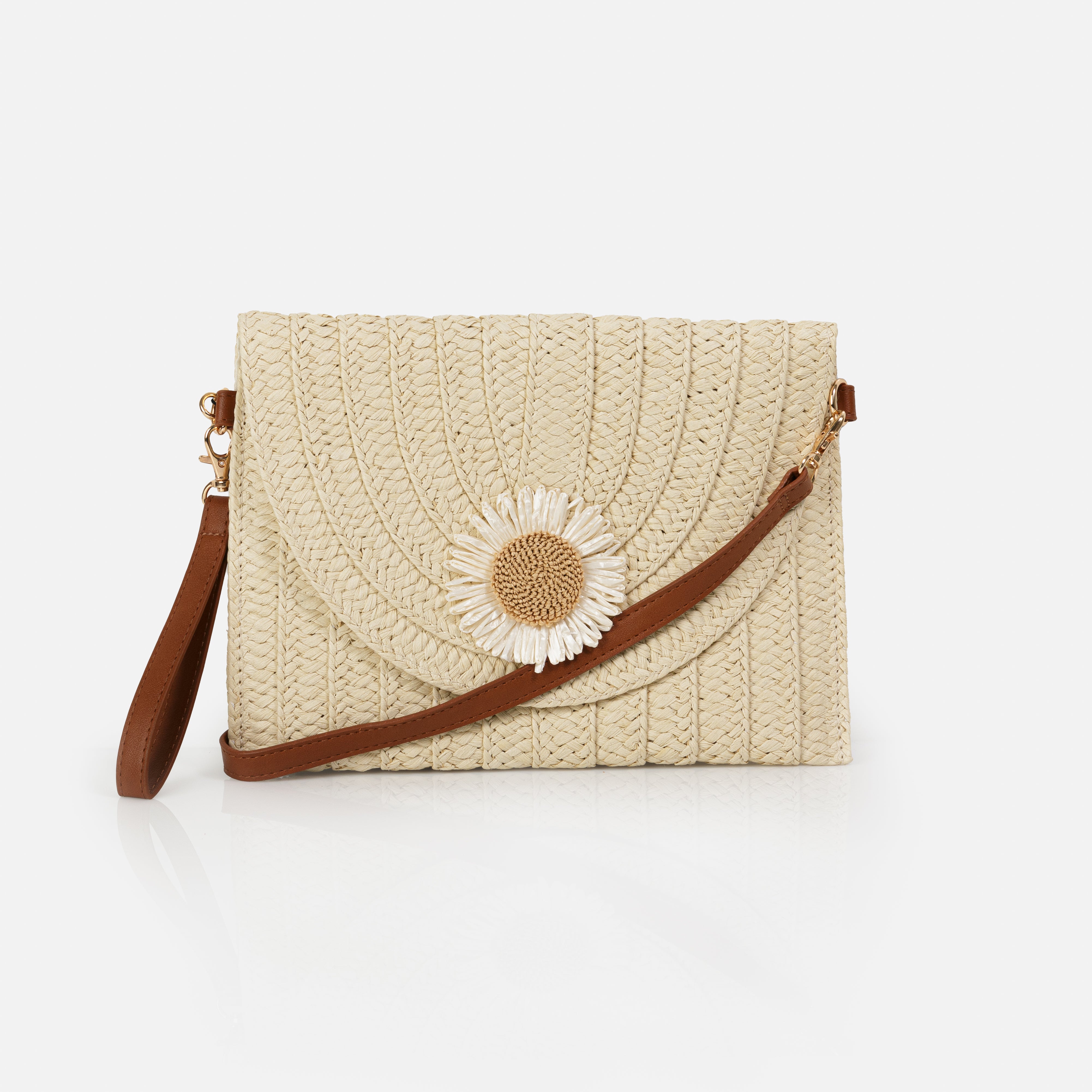 Pochette en paille avec marguerite et ganses amovibles