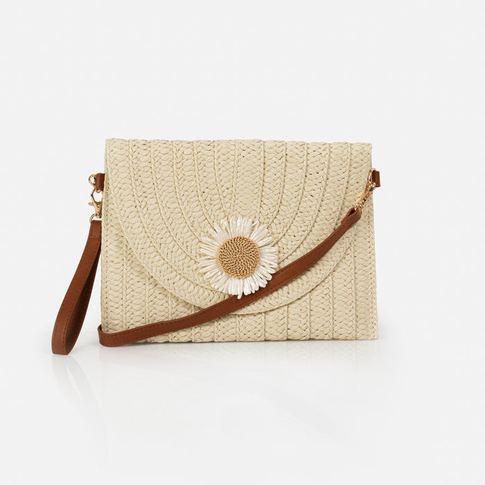Pochette en paille avec marguerite et ganses amovibles
