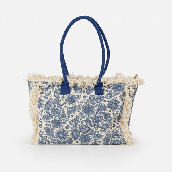 Load image into Gallery viewer, Blue patterned and fringed tote bag
