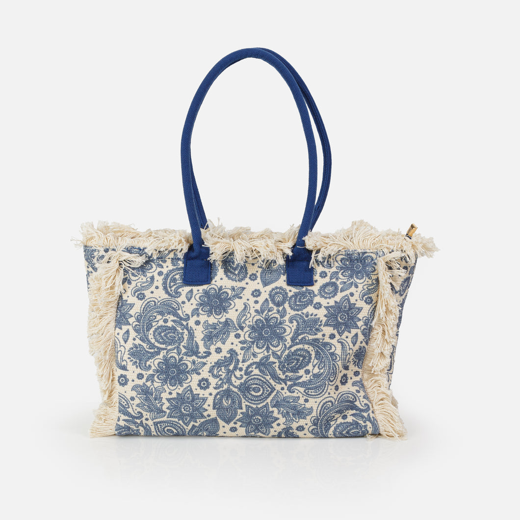 Blue patterned and fringed tote bag