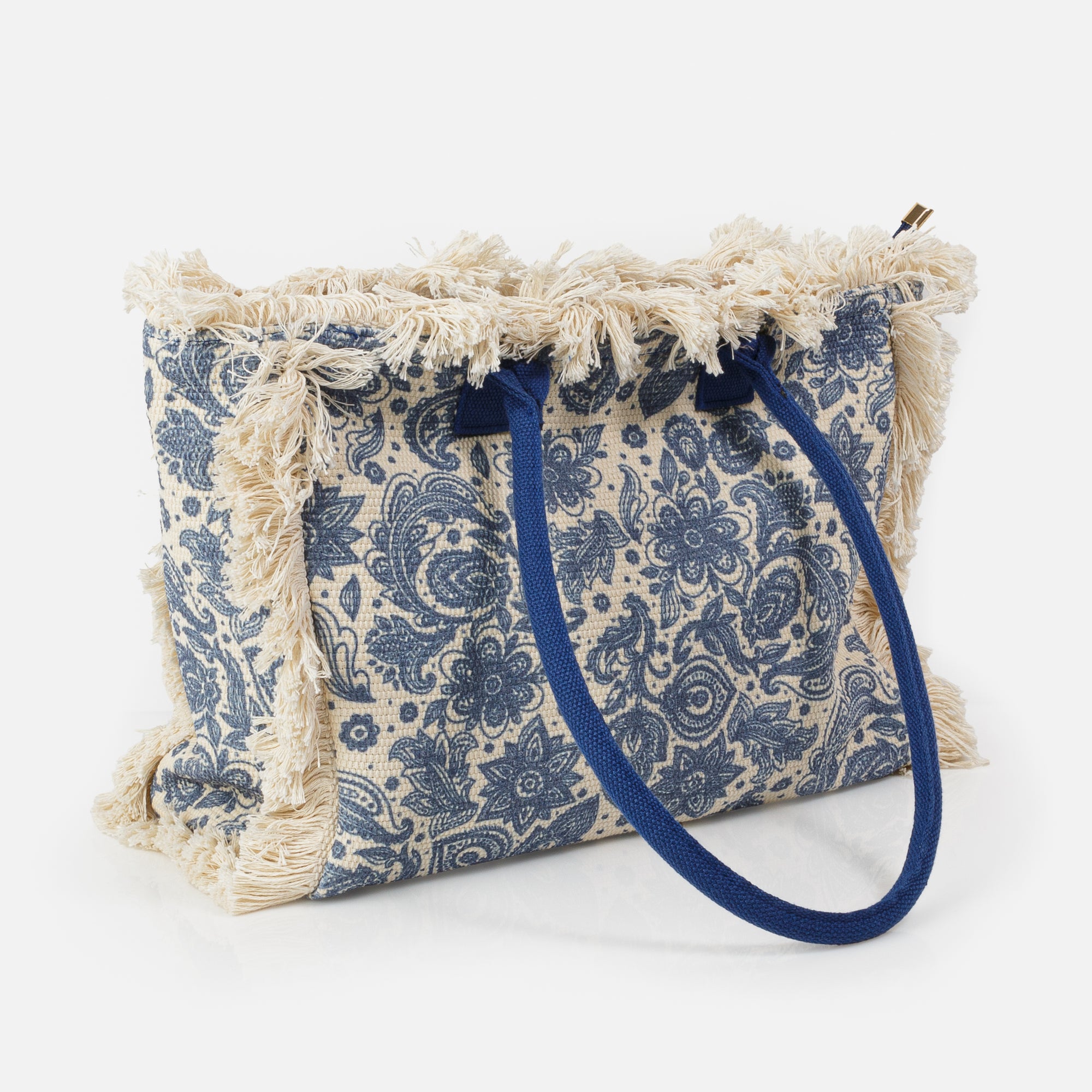 Blue patterned and fringed tote bag