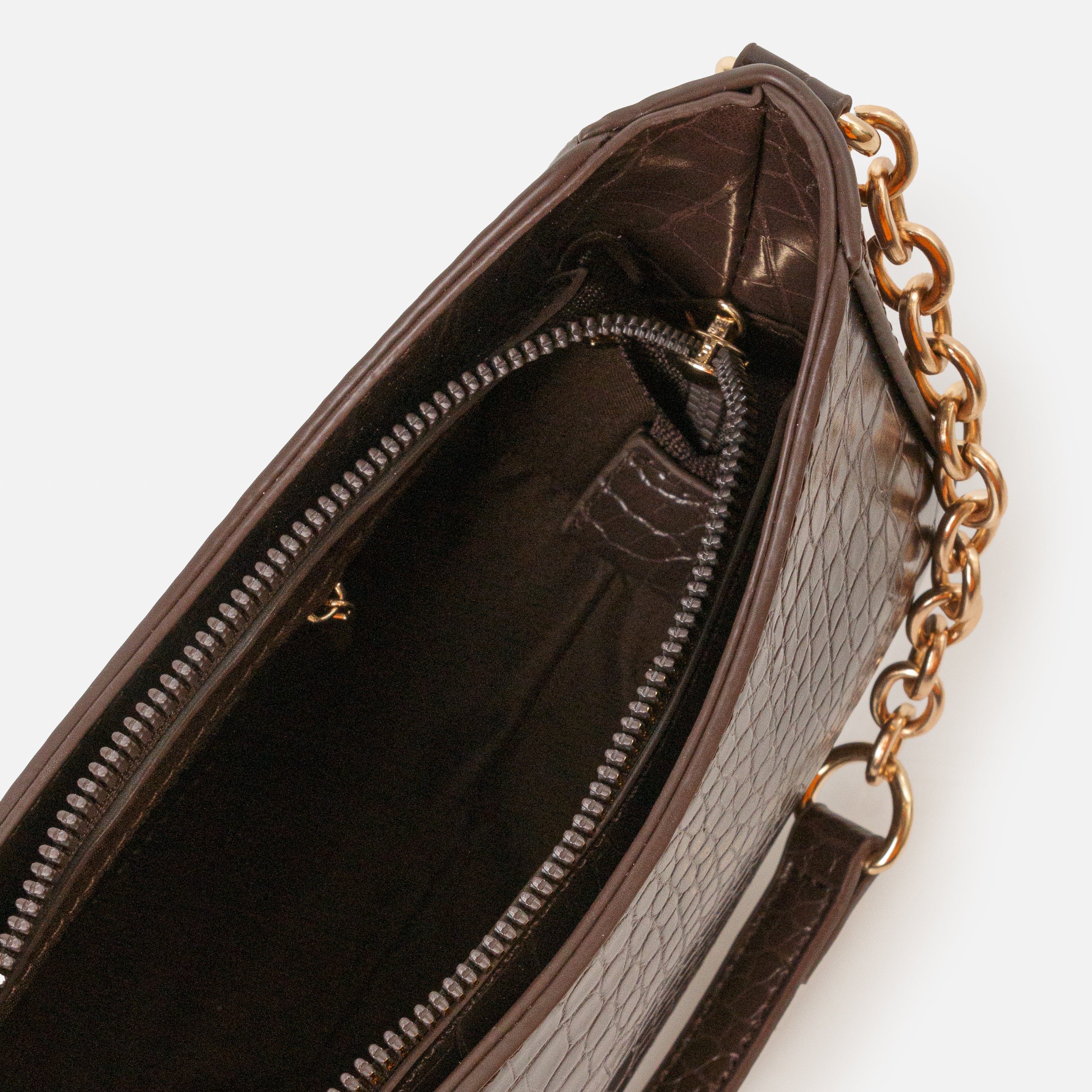 Chocolate Brown Crocodile Skin Shoulder Handbag