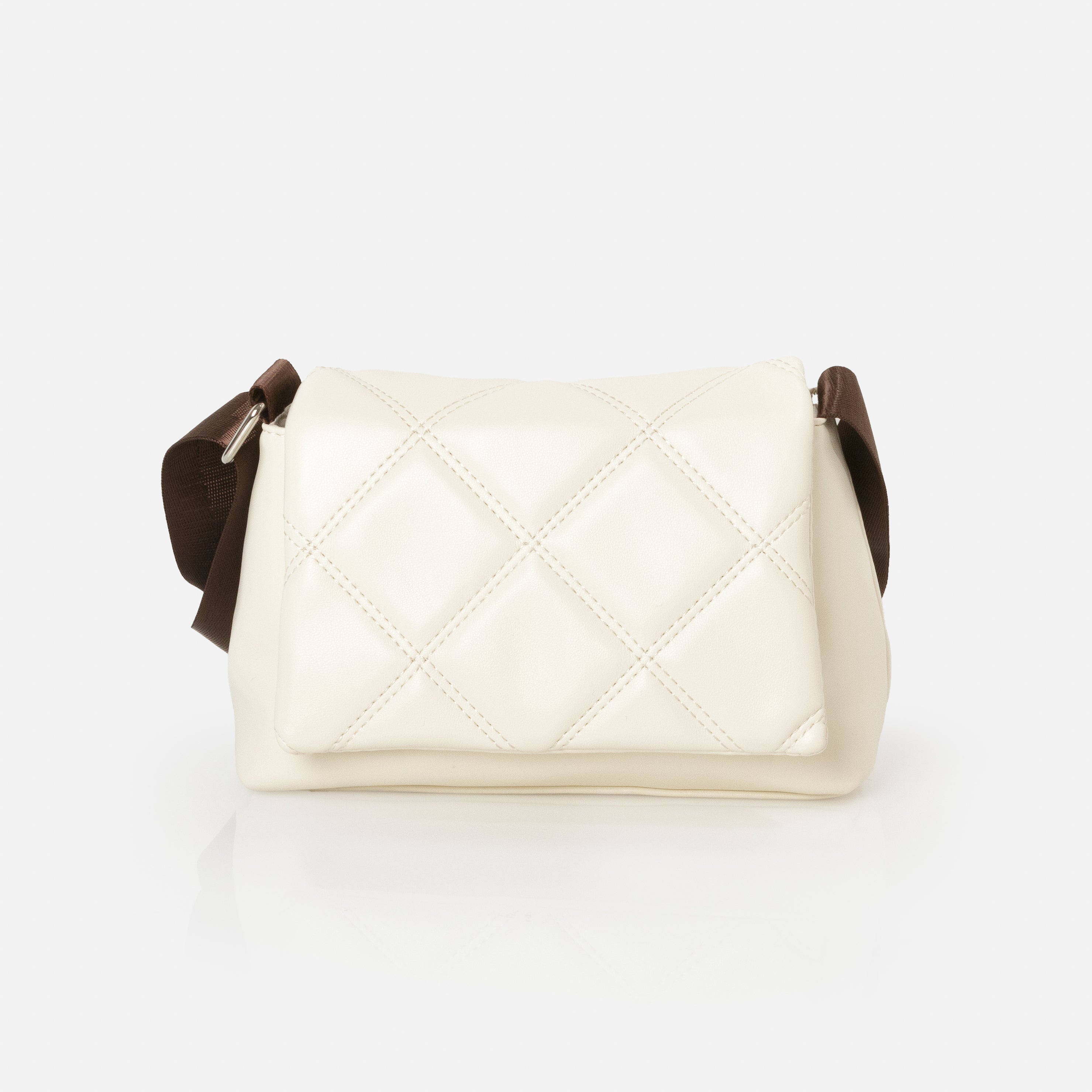 Ivory shoulder bag with quilted flap and chocolate brown braid
