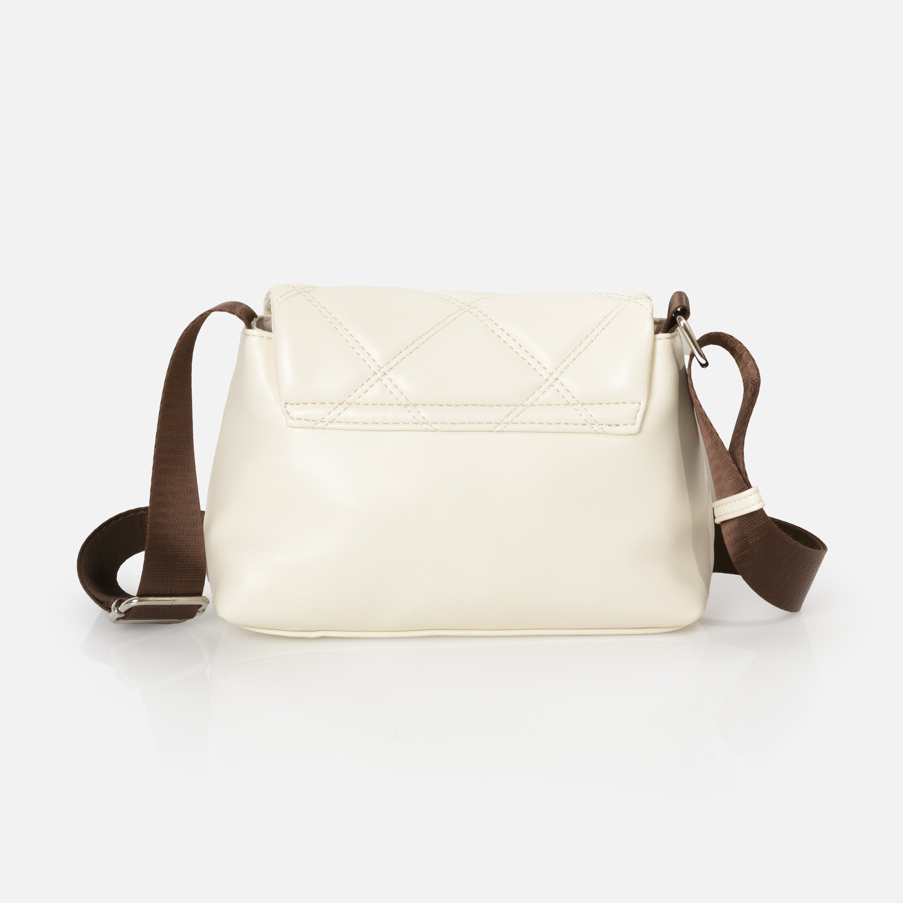 Ivory shoulder bag with quilted flap and chocolate brown braid