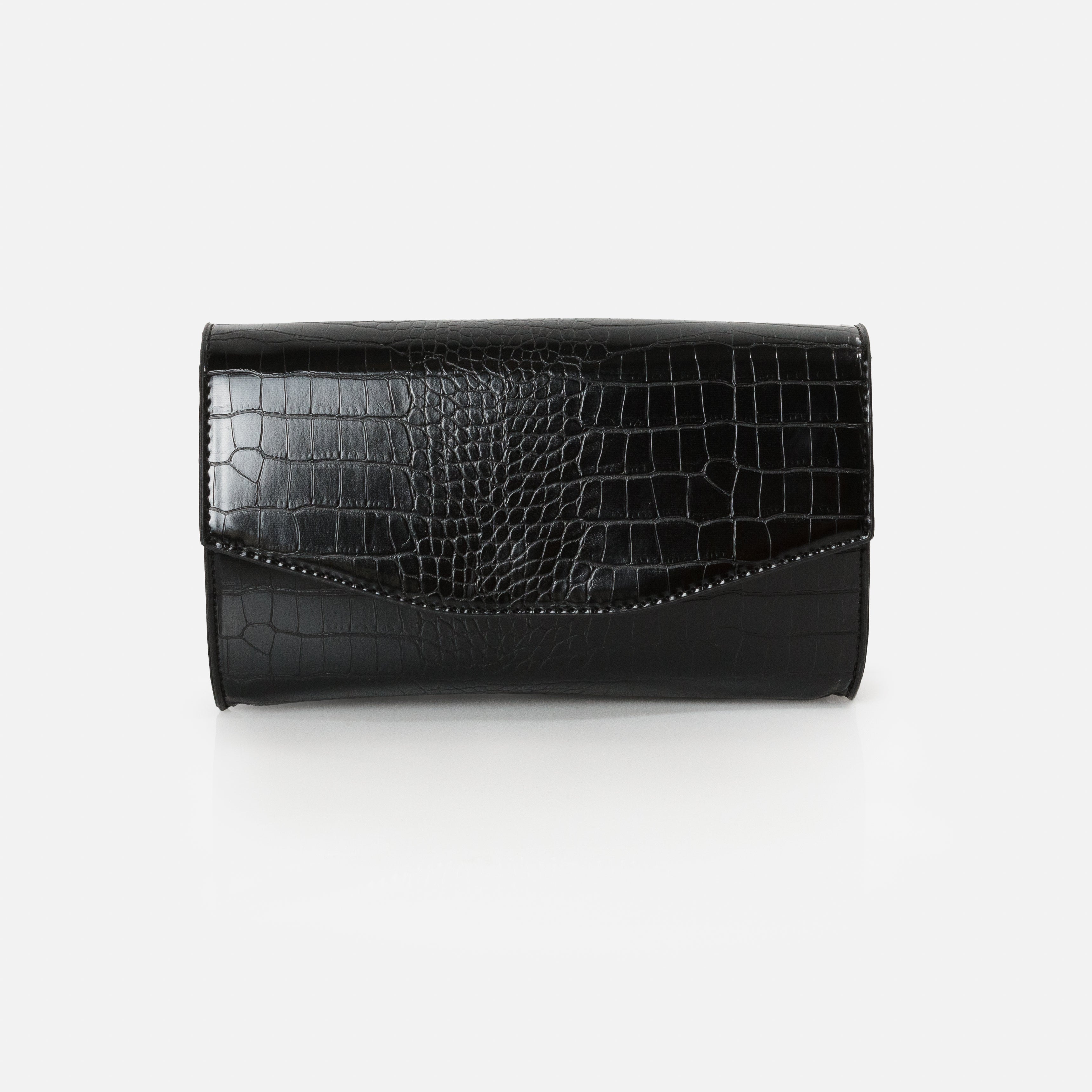 Black crocodile skin clutch handbag