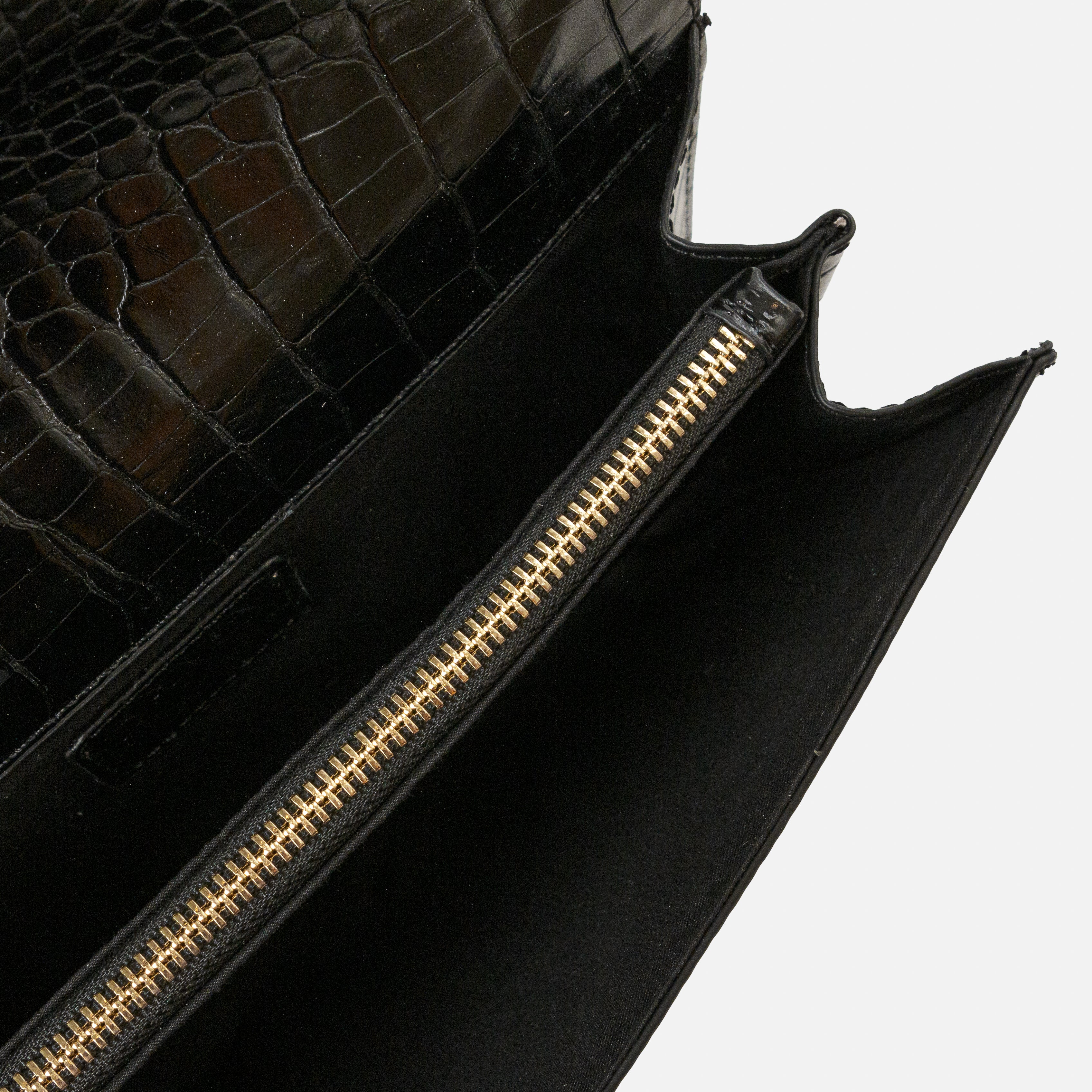 Black crocodile skin clutch handbag