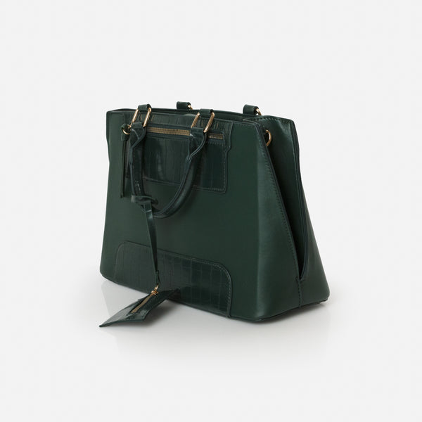Load image into Gallery viewer, Dark green handbag with crocodile skin details
