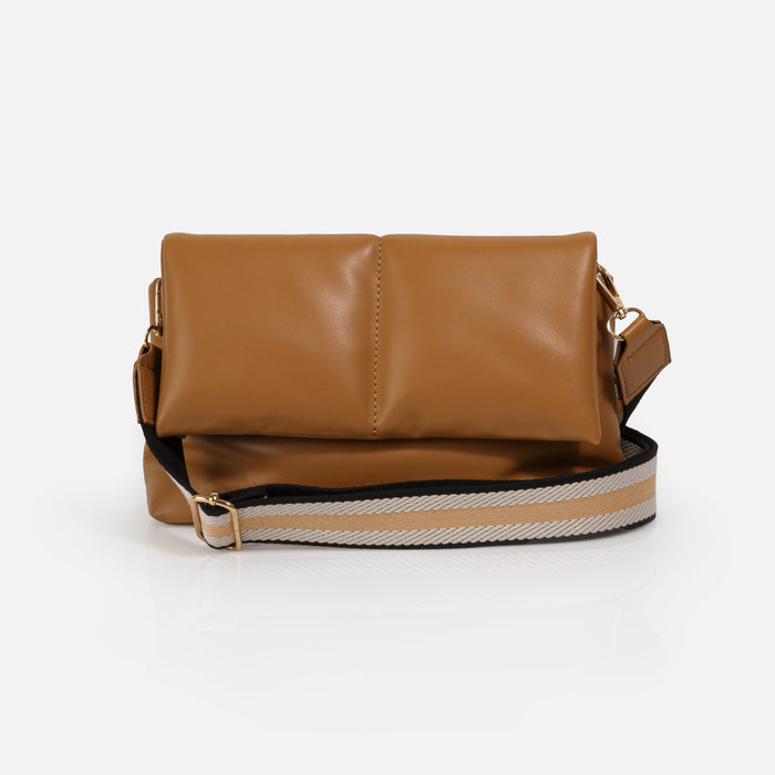Sac à main bandoulière caramel en PU et sangle rayée en nylon