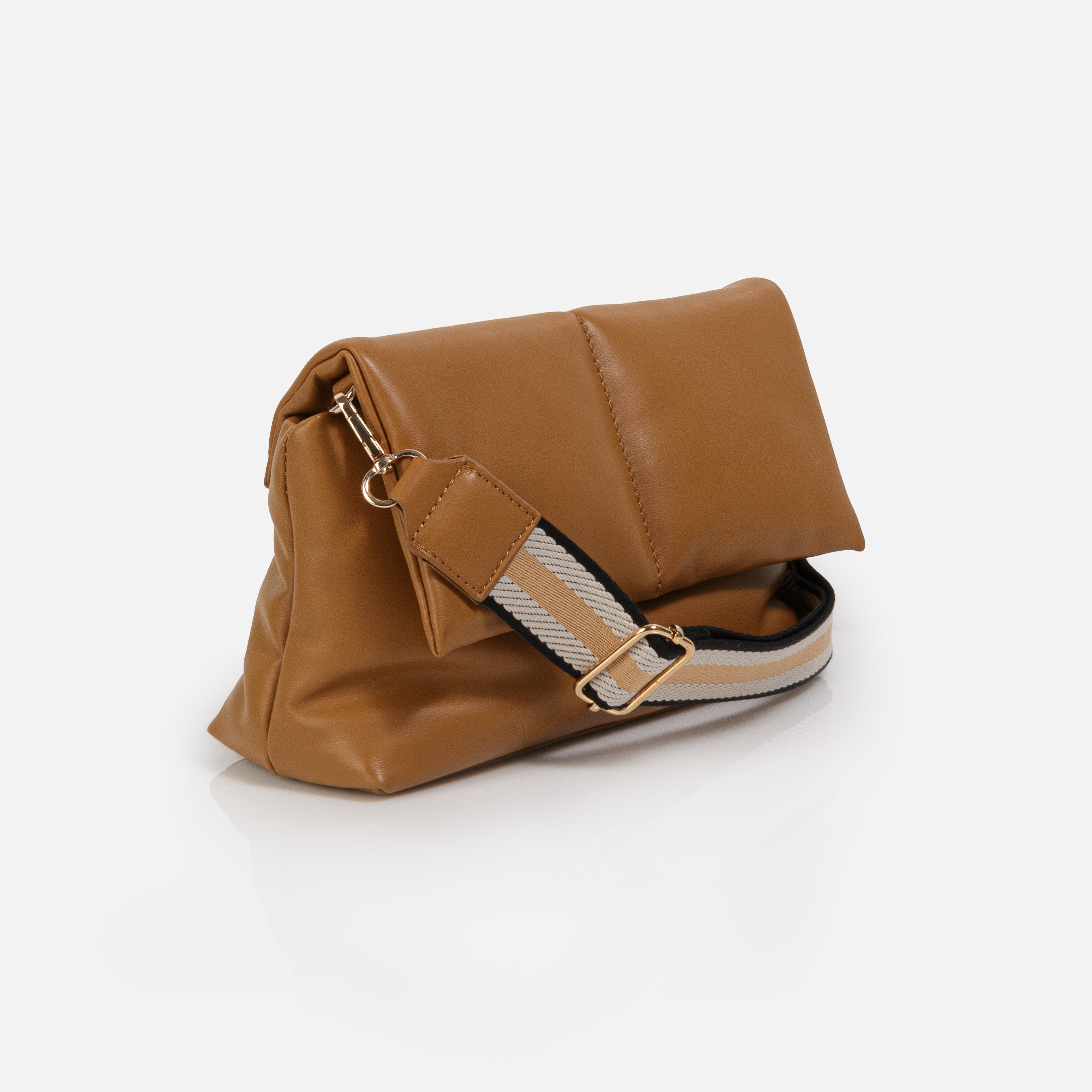 Sac à main bandoulière caramel en PU et sangle rayée en nylon